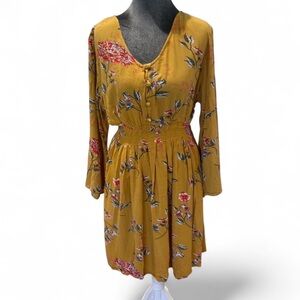 Chic Long Sleeve Floral Dress in Mustard
